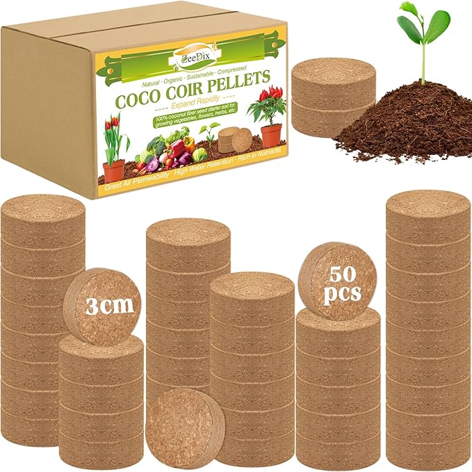 ZeeDix 50pcs 30mm Coco Coir Pellets Potting Soil, Organic Coconut Fiber Seed Starter Soil Pellets, Coconut Coir Soil Discs for Indoor Outdoor Plants, Herbs Houseplants Flowers Succulents Vegetables