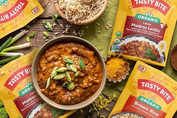 Tasty Bite Variety, Pack of 8, Madras Lentils, Bombay Potatoes, Vegetable Tikka Masala, Channa Masala, 3Bean Madras Lentils, Split Pea & Turmeric Curry, Coconut Squash Dal, Chickpea Coconut and Turmeric Curry