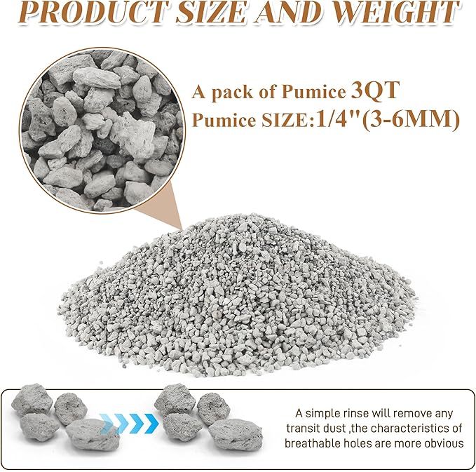 Pumice for Plants, 3 Quarts (1/4 Inch) Horticultural Pumice Stone, Natural Soil Amendment for Succulent Cactus Bonsai for Orchid Potting Mix, Improve Drainage & Aeration