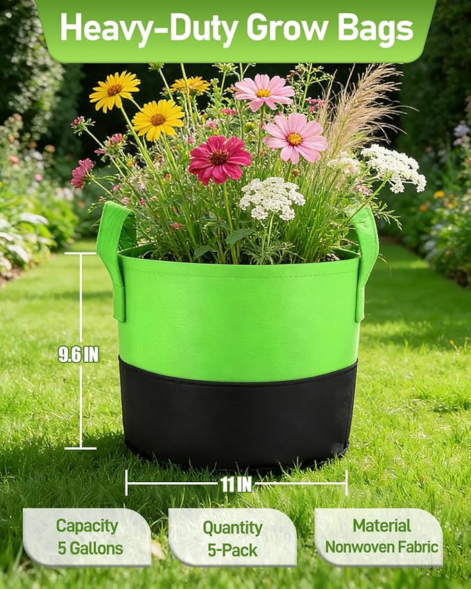 joyhalo 5-Pack 5 Gallon Garden Grow Bags, 350G Thickened Nonwoven Fabric Pots with Handles, Heavy Duty Planting Bags for Tomato, Potato and Vegetable, 5-Color Plant Labels