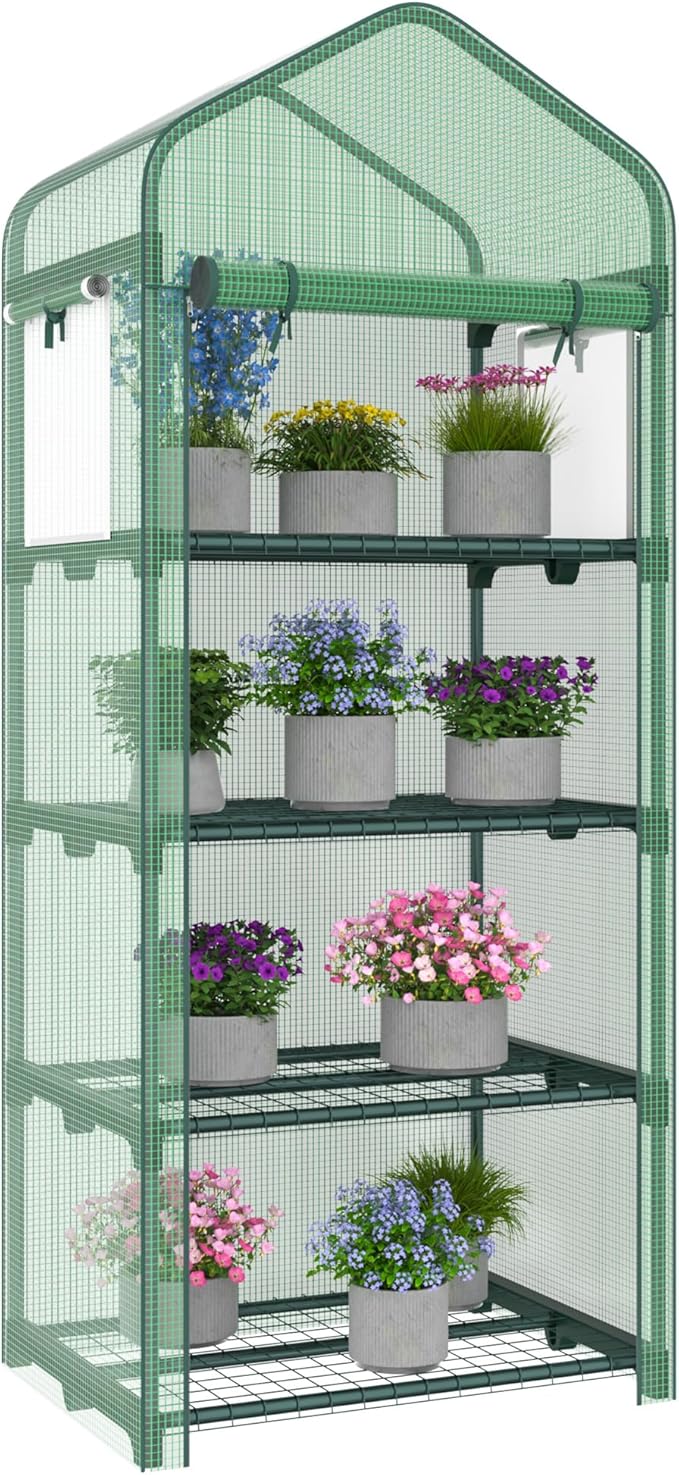 Kecreque Mini Greenhouse 4-Tier Small Greenhouses for Outdoor Indoor 27"x19"x63" Portable Greenhouse w/ Screen Windows & Waterproof PE Cover Green House for Backyard Balcony Seedling Raising