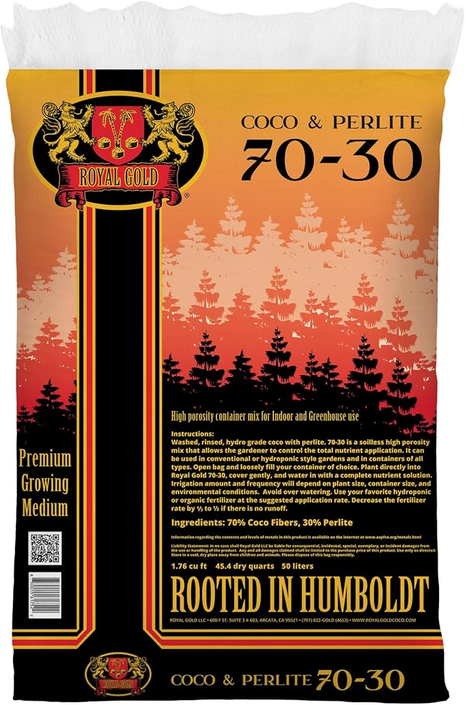 Royal Gold Coco & Perlite 70-30 Premium Soilless Growing Medium, 1.76 Cubic Foot - Ready to Use, High Porosity Container Mix for Indoor and Greenhouse Applications