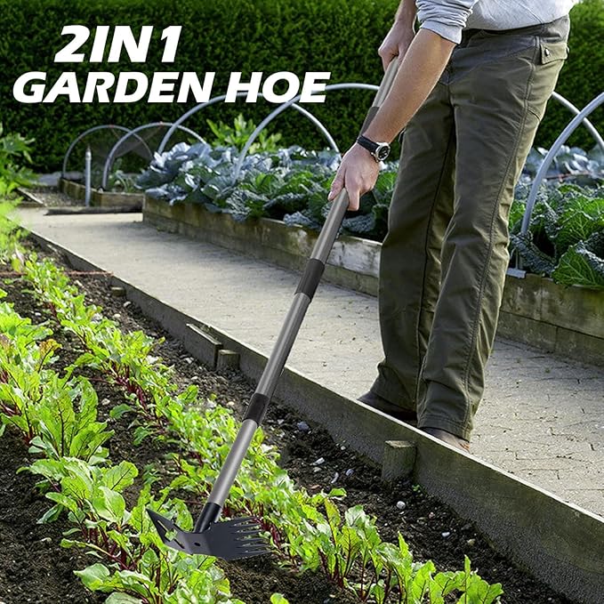 Weed Puller Tool with Long Handle, 60'' Weed Remover Weeding Tool, 2 in 1 Hand Weed Rake and Garden Hoe for Gardening, Uprooting Weeding Tool for Yard, Lawn, Patio, Garden