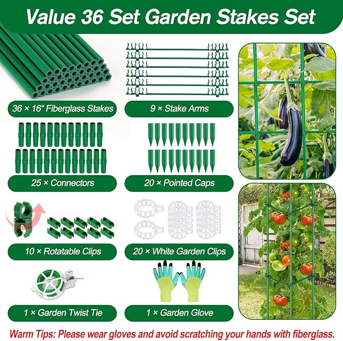 123PCS Garden Stakes Set with 36PCS 16 Inch Fiberglass Plant Sticks and Stake Arms, DIY 4ft 5ft 6ft 7ft 8ft Tomato Stakes, Garden Stakes for Vegetables Tomato Pepper Indoor Outdoor Plants