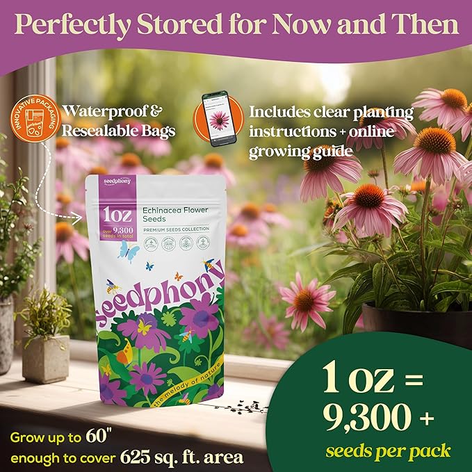 Seedphony Echinacea Seed Pack 1 oz - 9,300 Non-GMO Heirloom Echinacea Seeds for Planting, Perennial Flowers in Waterproof Seed Packet, Coneflower Seeds for Planting Garden Indoor & Outdoor Gardening