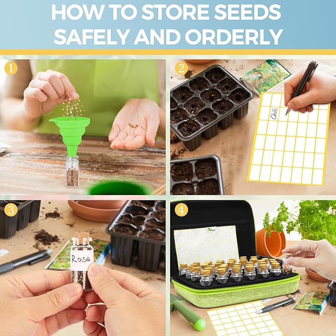 SMUJU 40 Slots Seed Storage Organizer with 20 Seed Envelopes, Sturdy Organizer Storage Box with Label Stickers, Glass Container for Flower Vegetable Garden Seed Saving (Seeds not Included)