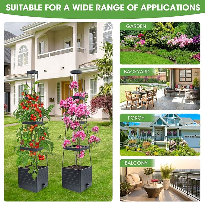 MYMULIKE Self-Watering Garden Bed, Raised Garden Bed Planter Box Outdoor, 58” Tomato Cage Planter for Vegetables, Flowers, Herbs, and Fruit, Outdoor Indoor,5 Gallon Capacity