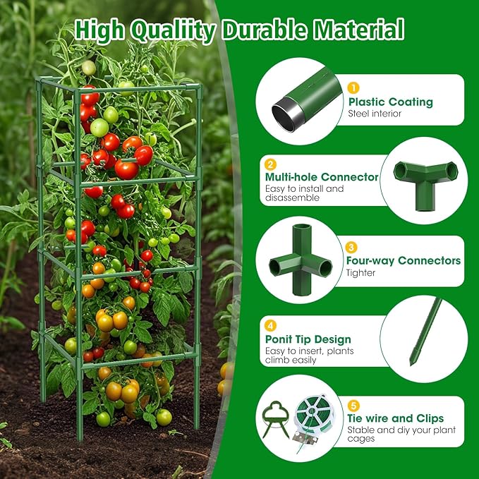 3 Pack Square Tomato Cages, 42 inch Heavy Duty Metal Steel Tomato Plant Cage Support with Clips, Height Adjustable Tomatoes Trellis for Raised Garden Bed Climbing Plants