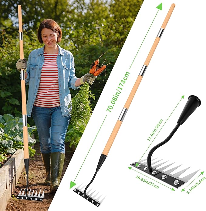 Iron Weed Rake with Wooden Long Handle 2.0, 8 Teeth Weed Puller Tool Heavy Duty, Manual Gardenia Weeding Rake Tool for Yard, Lawn and Garden, 71Inch
