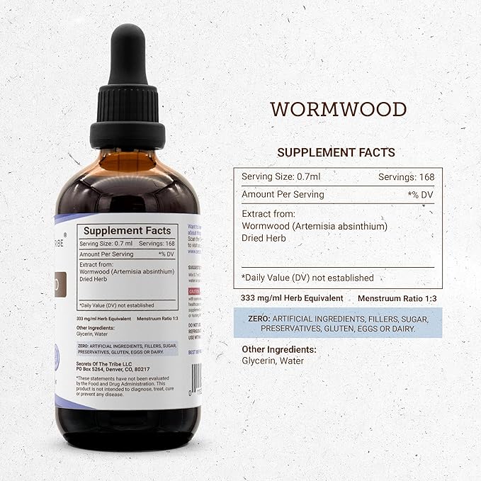 Secrets of the Tribe Wormwood Alcohol-Free Liquid Extract, Wormwood (Artemisia Absinthium) Dried Herb (4 FL OZ)