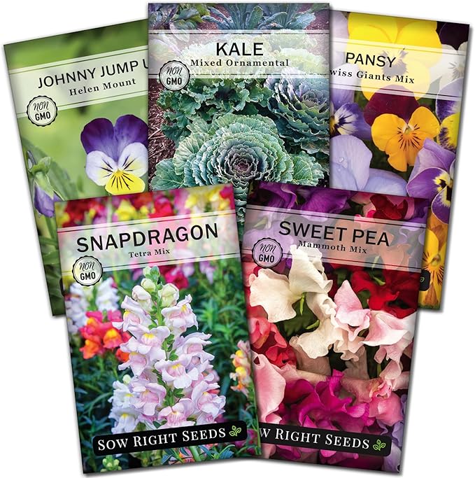 Sow Right Seeds - Frost Hardy Seed Collection for Planting - Pansies, Violets, Snapdragon, Ornamental Kale and Sweet Peas - Lovely Flowers for Spring & Fall Color - Non-GMO Heirloom with Instructions