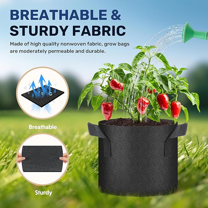 Simple Deluxe Grow Bags 5 Gallon 5 Pack Planter Pots with Handles, Thickened Nonwoven Fabric Aeration Cloth Bag, Heavy Duty Gardening for Tomoato, Potato, Vegetable, Herbs and Flowers, Black