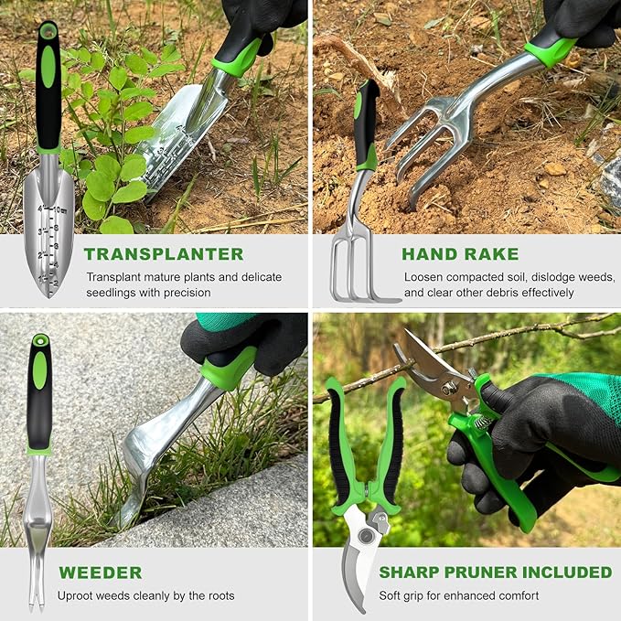 11-Piece Outdoor Gardening Tool Set, Suitable for Women, Seniors, and Left-Handed Users, Includes Tree pruners, Hand rakes, and a Watering can with Green Non-Slip Handles. (Gray)