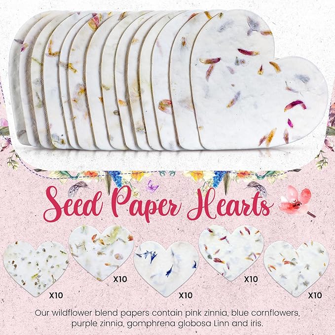 50 Pcs Handmade Seed Paper Plantable Wildflower Seed Paper Recycled Flower Petals Tags Wedding Favors for Guests Craft Gifts Cards for Envelope Birthday Party, 5 Styles (Heart)