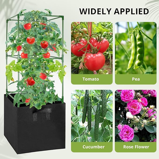 3 Pack Tomato Cages with 17 Gallon Grow Bags, 47” Heavy Duty Square Tomato Plant Stakes Support Cages Trellis for Garden Climbing Vegetables Flowers Fruits (47IN Tall, Extra-Bold)