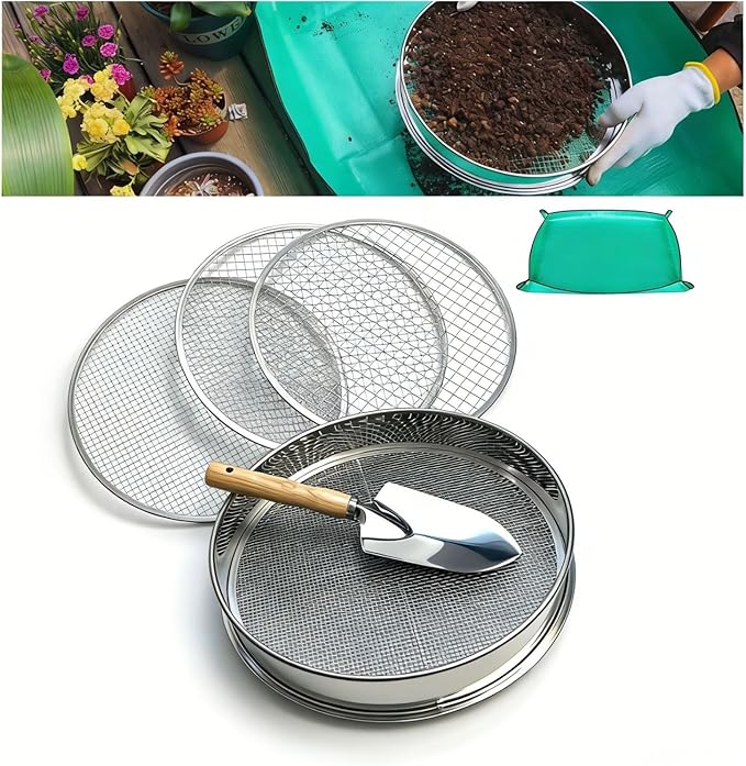 Soil Sifter for Gardening, 12 Inch Stainless Steel Soil Sifter with 4 Replaceable Fine Screens and Shovel, Sieve for Sand Rocks Dirt Compost