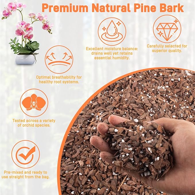 Orchid Bark Potting Mix - 9QT Natural Orchid Potting Mix for Repotting, Blended with Small Pine Bark and Perlite to Provide Ideal Ventilation and Good Drainage for Orchids and Other Potted Plants
