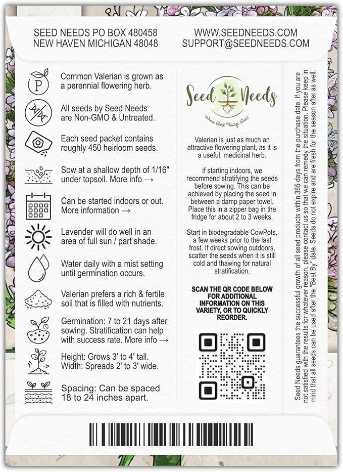 Seed Needs Valerian Seeds for Planting Stink Root Plants - Non-GMO Heirloom & Untreated Perennial Medicinal Herb Seed to Plant a Home Grown Outdoor Garden (2 Packs)