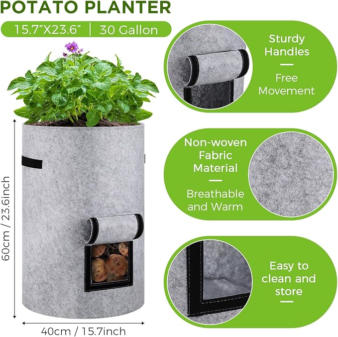 Yoojahow 2 Pack 30 Gallon Potato Grow Bags with Harvest Window, Durable Garden Planter Bags with Handles for Potatoes, Tomatoes, and Vegetables - Indoor & Outdoor Gardening Supplies (Gray)