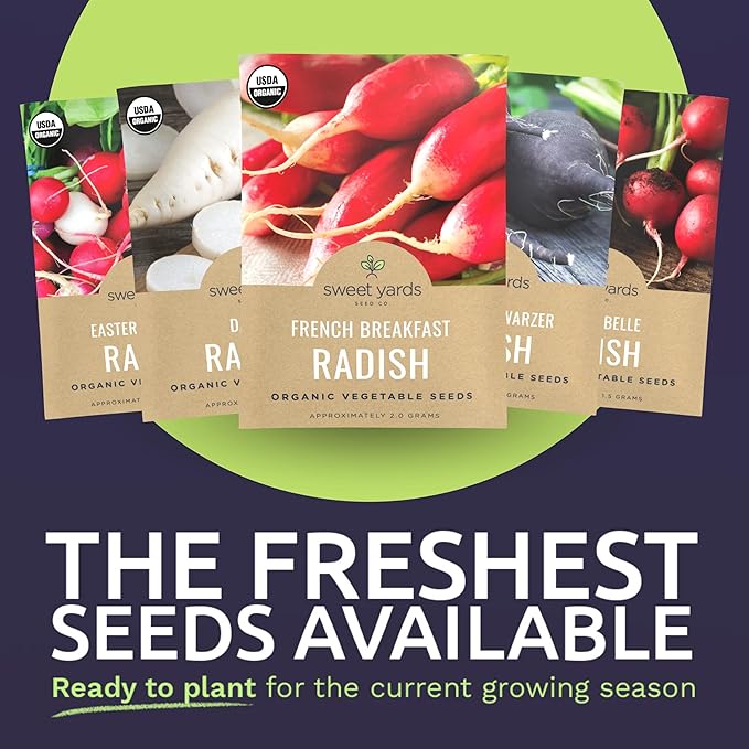 Organic Radish Seeds Variety Pack - 5 Individual Packs - 2026 Season - Cherry Belle, Easter Egg, French Breakfast and More! for Indoor & Outdoor Planting (Non-GMO, Certified Organic)