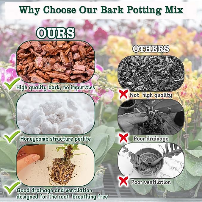 Orchid Potting Mix, 1 Quart Orchid Bark Potting Mix with Pine Bark, Coco Peat & Perlite, Orchid Bark for Indoor Plants, Orchid Soil with Excellent Water Retention & Ventilation