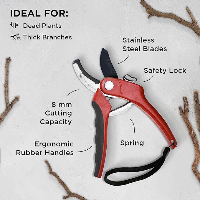 Nevlers 8" Anvil Pruning Shears for Gardening | Hand Pruners for Gardening w/Stainless Steel Blades, 8mm Cut Cap | Garden Clippers Handheld w/Safety Lock | Pruning Shears Heavy Duty Design — Red