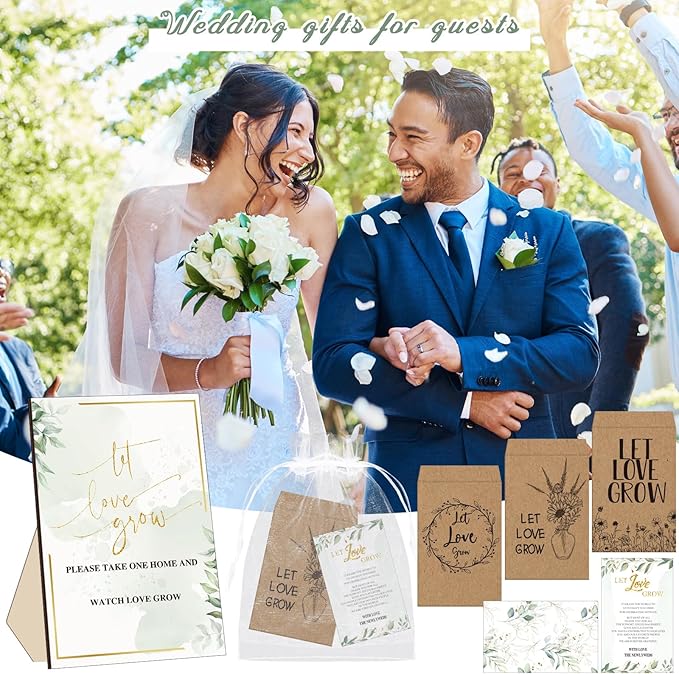 Ireer 101 Set Let Love Grow Greenery Wedding Favors for Guests Include 1 Wooden sign100 Self Adhesive Seed Packets Kraft Paper Seed Envelopes 100 Let Love Grow Cards 100 Bags for Guest Bridal Shower