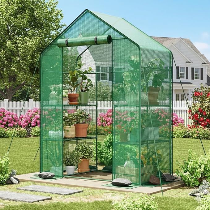 Superlele Walk-in Greenhouse for Outdoor, 56x29x77 Inch Portable Garden Green House with 6 Tiers (3 Tiers Each Side), Reinforced Green PE Mesh Cover, 4 Ground Stakes for Stability, Zippered Door