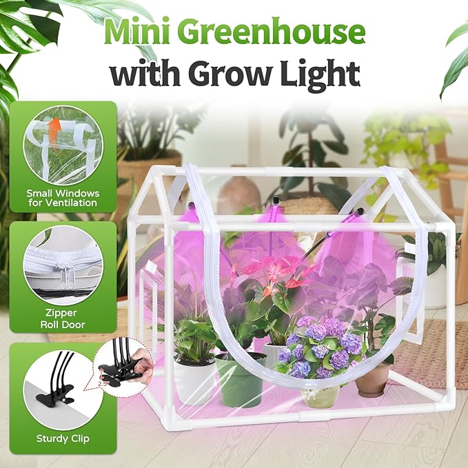 Tabletop Mini Greenhouse Indoor with Grow Light, Small Greenhouse Kit for Indoors, Tiny LED Plant Nursery with Timer & Zippered Door for Seed Starter, 25.6" L x 15.8" W x 20" H