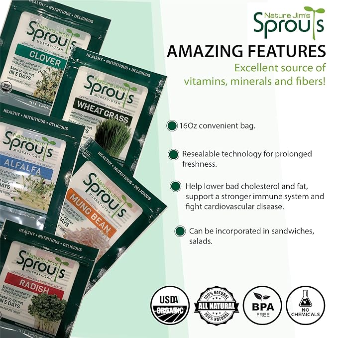 Nature Jims Sprouts Mung Bean Sprouting Seeds – Non-GMO Mung Beans for Growing Nutritious, Fresh Sprouts – Packed with Vitamins, Minerals & Fiber – Premium Resealable Bag for Longer Freshness – 16 Oz