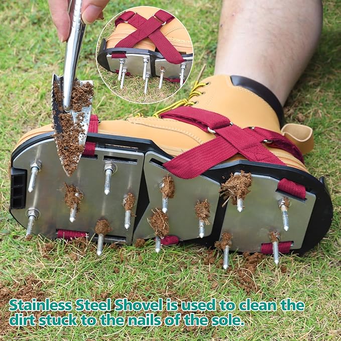DenForste Lawn Aerator Shoes for Grass - Pre-Assembled Grass Aerator Shoes for Lawn - Soil Yard Aerator Tool for Aerating Patio Garden, Red