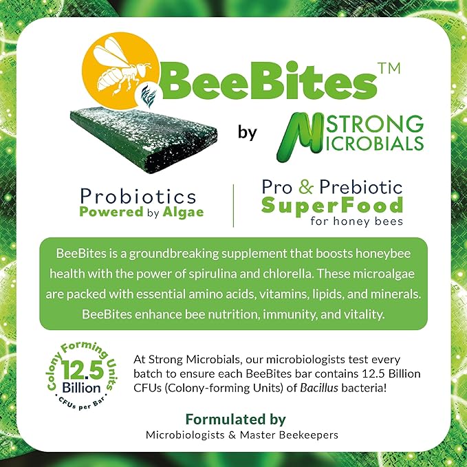 STRONG MICROBIALS BeeBites: SuperFood for Healthy Hives - Honey Bee Fondant with Spirulina and Chlorella - Probiotics Powered by Algae - Best Food for Queen Immunity - 10 Bars (50g Each)