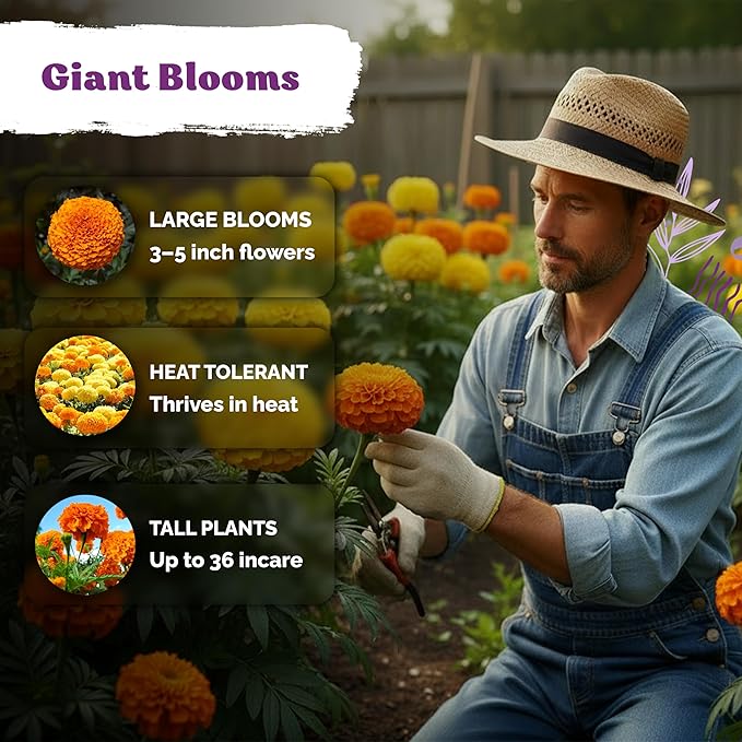 KVITER 500 Cracker Jack Marigold Seeds (Tagetes Erecta) - African Marigold, Giant Bloom, Non GMO Heirloom Seed - Annual Flower Seeds in Seed Packets, Ideal for Outdoor Garden, Patios and Borders