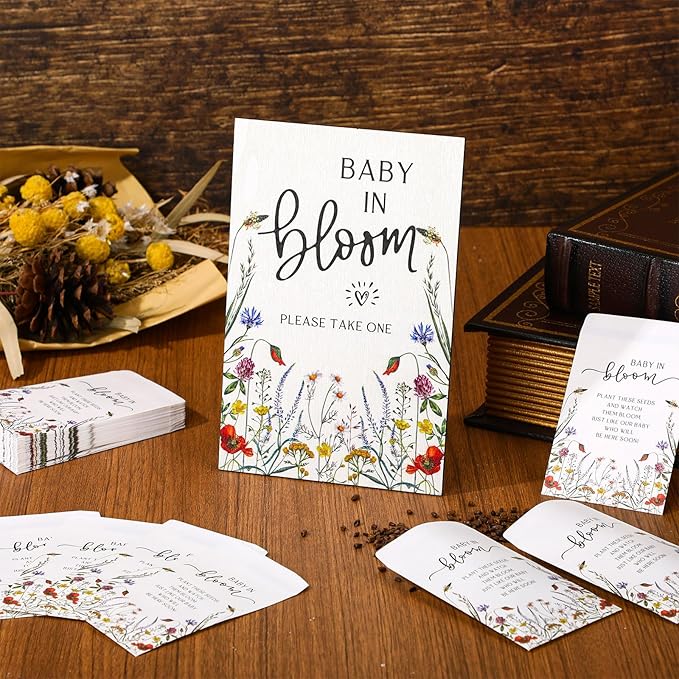 Maitys 100 Pcs Baby Shower Seed Packets Favors for Guests Baby in Bloom Wooden Sign Self Adhesive Envelopes Packet Storage Decor, No Seeds(Wildflowers)