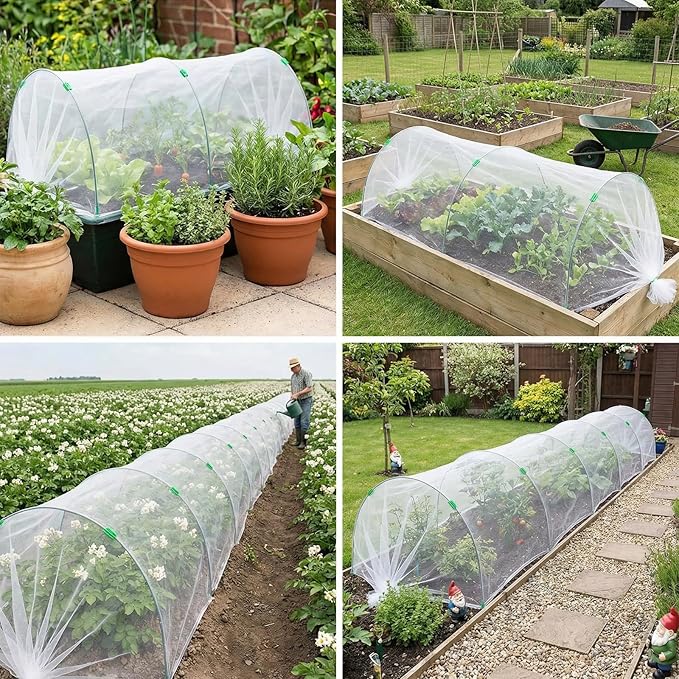 Garden Mesh Netting Kit with Hoops, 36Pcs Greenhouse Hoops Grow Tunnel Garden Covers for Raised Beds Fiberglass Frame Plant Protection Row Cover for Vegetable Fruit Flowers