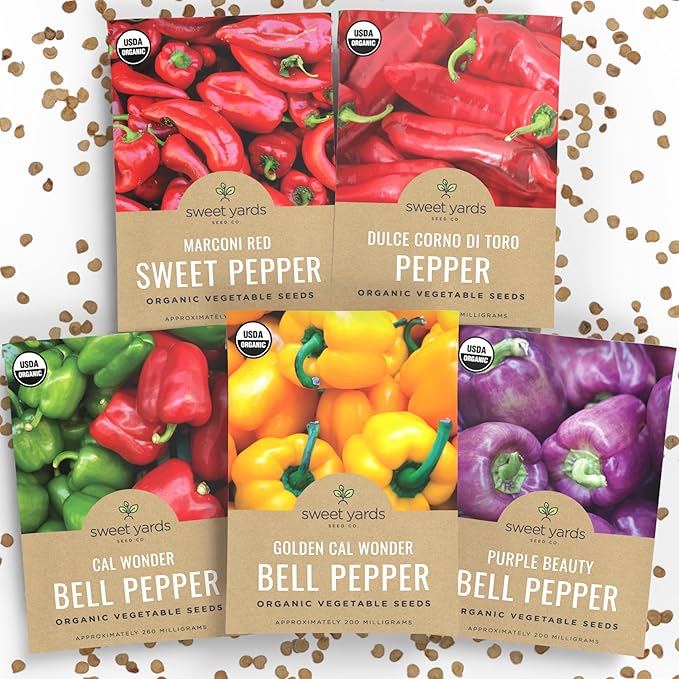 Organic Sweet Pepper Seeds Variety Pack - 5 Individual Packs - 2026 Season - Red, Yellow, Green and More! for Indoor & Outdoor Planting (Non-GMO, Certified Organic)