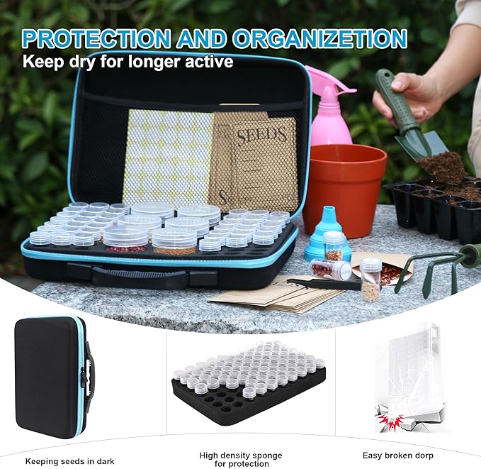 hasumcol 48 Slots Seed Storage Organizer Box, Garden Vegetable Plant Flower Seeds Saving kit with Write Label Funnel Tweezer 2 Sizes Storage Bottles