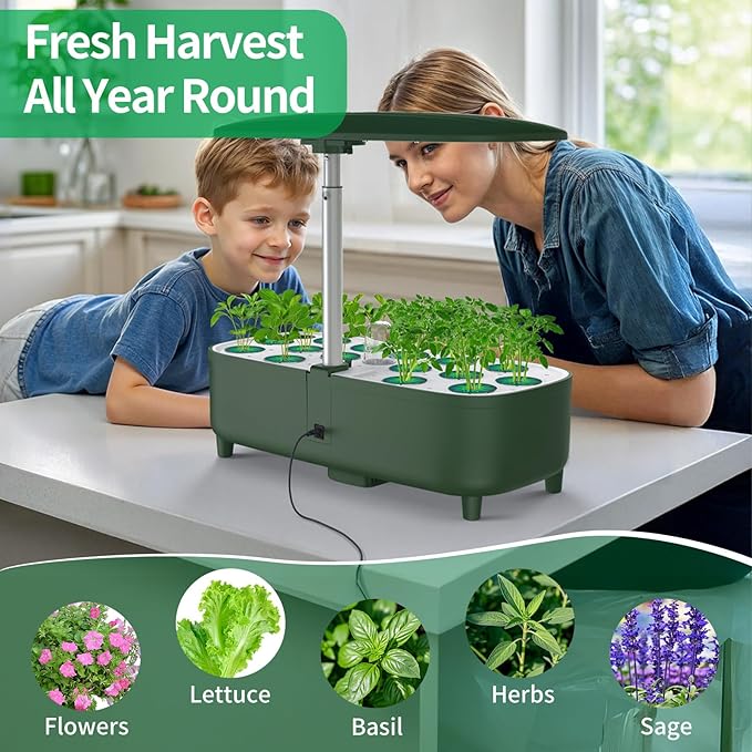 Hydroponics Growing System Kit Indoor, Aeroponics Herb Garden Kit 15 Pods, 3 Grow Modes, 24H Timer Gardening System, Quiet Smart Water Pump Hydroponic Planter Summer/Winter Use (Dark Green)