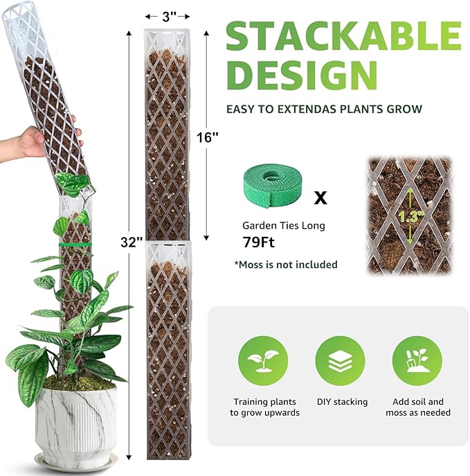 Sisher 2 Pack 16 Inch Plastic Moss Poles for Climbing Plants D Shaped Moss Pole Work with Sphagnum Moss Sticks for Indoor Plants, Moss Pole Monstera Plant Support,with Garden Ties