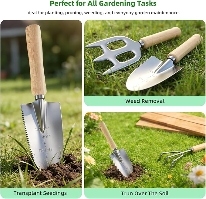Garden Tools Set, 9-Piece Heavy Duty Gardening Tools with Clear Pocket Tote Bag, Stainless Steel Garden Hand Tools for Digging, Planting, Weeding and Pruning, Durable Gardening Kit