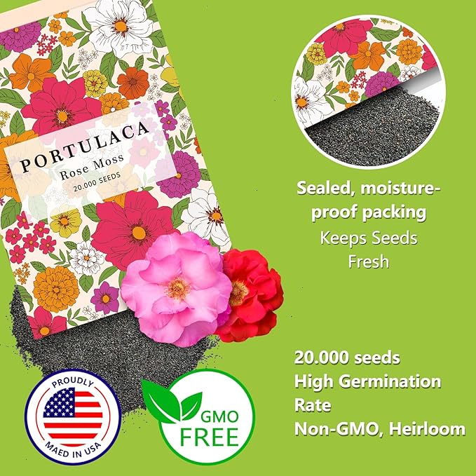 Portulaca Grandiflora & Moss Rose Seeds | 10,000+ Annual Non-GMO Heirloom Seeds for Planting Moss Roses, Rock Gardens & Climbing Roses | High Germination, Beginner-Friendly