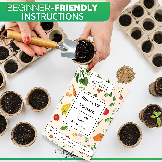 Woods Creek Seeds: Roma VF Tomato Seeds for Planting - Over 350 Heirloom Tomato Seeds for Planting Outdoors, Indoors, Patio or Home Plant Garden - Non-GMO Seed Pack of Tomatoes