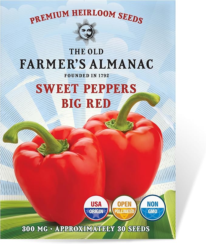 The Old Farmer's Almanac Heirloom Sweet Pepper Seeds (Big Red) - Approx 30 Seeds - Non-GMO, Open Pollinated, USA Origin