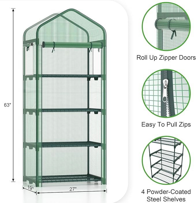Kecreque Mini Greenhouse 4-Tier Small Greenhouses for Outdoor Indoor 27"x19"x63" Portable Greenhouse w/ Screen Windows & Waterproof PE Cover Green House for Backyard Balcony Seedling Raising