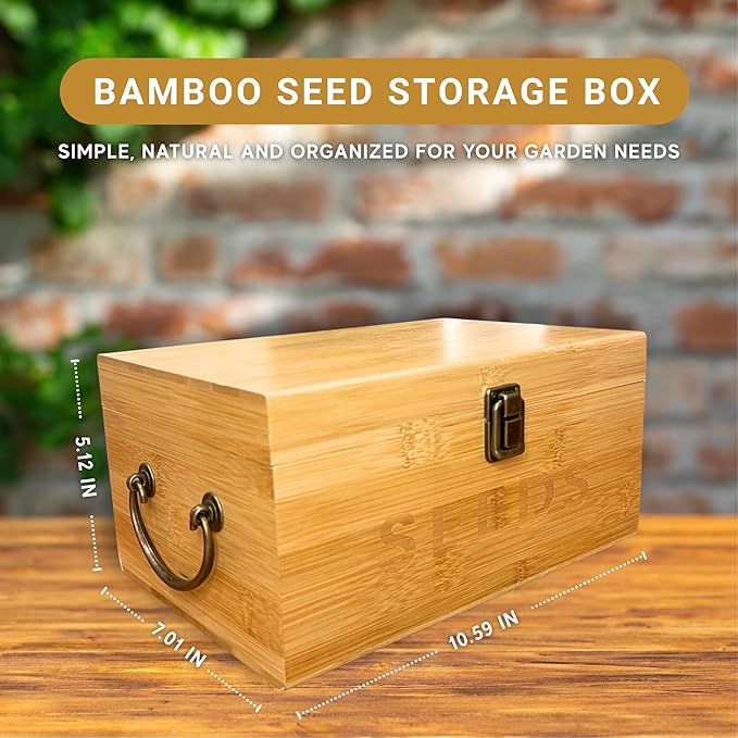 Nimpro Bamboo Garden Seed Storage Organizer Box, Wooden Seed Box with Removable Dividers, Metal Handle and Latch, Seed Keeper Organizer for Garden Seed Packets and Storage (10.59 x 7 x 5.12 in)