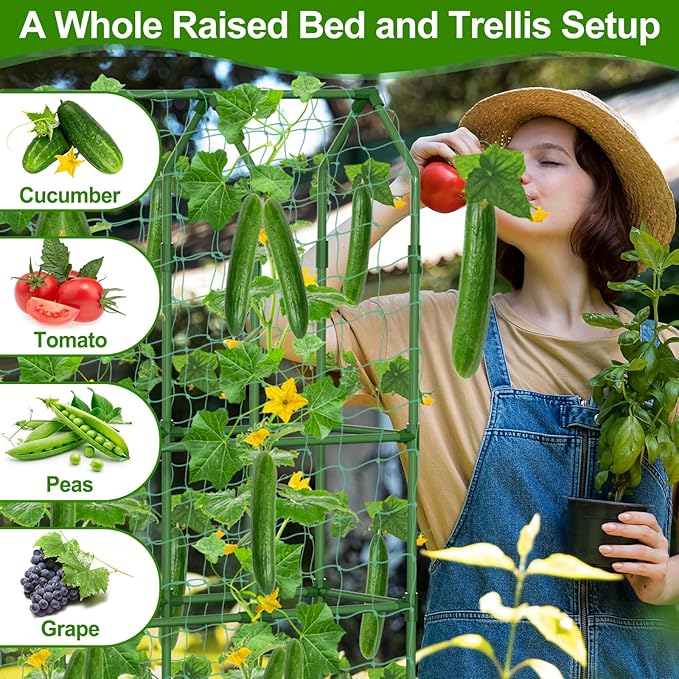 A-Frame Cucumber Trellis - 65 in (H) X 50 in (L) Supports Climbing Plants with Rectangle Raised Bed, Durable Garden Trellis for Outdoor Supporting Cucumbers Peas Vines, Includes Clips & Netting