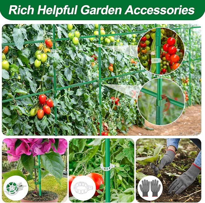310PCS Garden Stakes Set with 100PCS 16 Inch Fiberglass Plant Sticks and Stake Arms, DIY 4ft 5ft 6ft 7ft 8ft Tomato Stakes, Garden Stakes for Vegetables, Tomato Pepper, Indoor Outdoor Plants