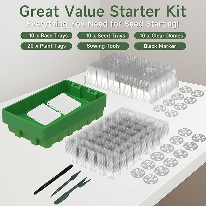 Gardzen 10 Pack 40 Cell BPA Free Seed Starter Tray Kit - Reusable Plant Germination Trays with Adjustable Vents, Sowing Tool & Labeling Set for Indoor Gardening Vegetables Herbs Flowers