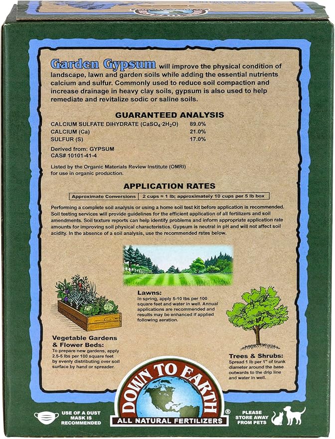 Down To Earth All Natural Fertilizers Organic Prilled Garden Gypsum - Calcium Sulfate Loosens Clay Soil Greens Grade Mini Granules, 5 lb