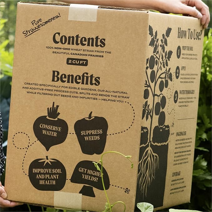 HealthiStraw GardenStraw Mulch Box, 2 cu ft (10 lb) – All-Natural, Sustainable Wheat Straw for Gardens, Lawn Seeding – Water-Conserving – Cleaned, Zero Plastic Package